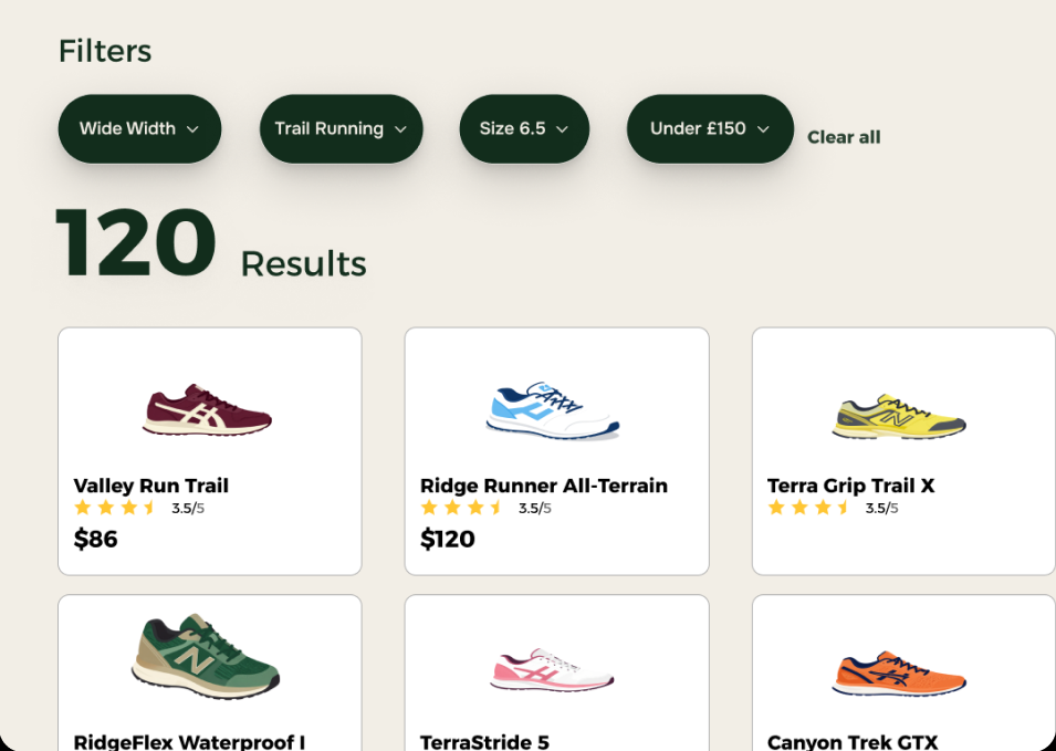 A shoe search that opens into filters and a product grid